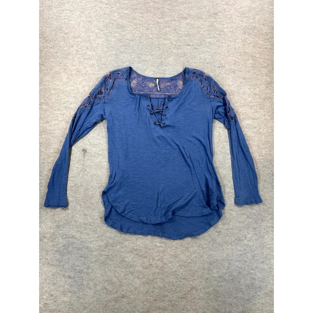 Free People Blouse Womens S Blue Viscose Paisley Lace Long Sleeve High Low Hem